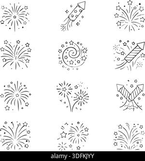 Modern Celebration Fireworks Line Icons Pack for Holidays Festivals and Night Events. Detailed linear icons showing different styles of firework. Stock Vector