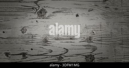 Light colored wooden plank surface showing worn paint cracks knots scratches grain lines and aged texture Stock Photo