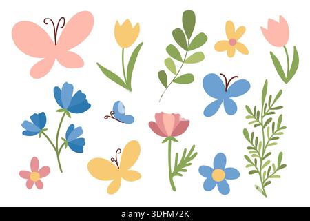 Bright summer nature. Spring set with butterflies, flowers, and leaves. Hand-drawn illustration in a flat design style. Stock Vector