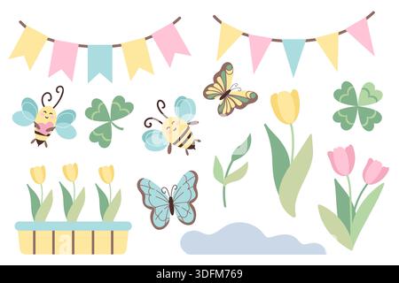 Bright summer nature. Spring set with butterflies, flowers, bees, and festive garlands. Hand-drawn illustration in a flat design style. Stock Vector