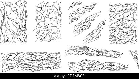 Black hand drawn kintsugi lines delicate cracks set. Broken ceramic texture emphasis decor elements with hobby repair technique. Vector elegant handma Stock Vector
