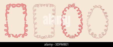 Bachelorette romantic hand drawn whimsical frames. Coquette borders with bows set. Ribbon and lace squiggle menu cadre. Vector wedding frame isolated Stock Vector