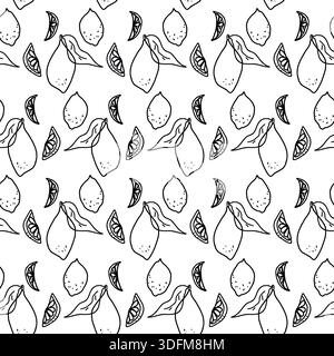 Seamless pattern doodle lemons slices and whole elements with leaves. Monochrome black outline naive sketch summer fruit. Mediterranean-inspired citru Stock Vector