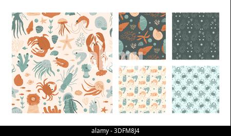 Coastal seamless pattern set with lobsters, seashells and crabs. Perfect summer print for beach-themed wallpaper, textile design, or Mediterranean vac Stock Vector