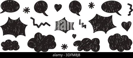Hand-drawn crayon speech bubbles, clouds, bang. Set of doodle background. Freeform black scribble figures. Arrow, stars, cloud, dialogue text box, hea Stock Vector