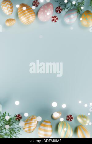 Colorful Easter eggs and festive decorations arranged on a soft blue background with greenery accents. 3d rendering Stock Photo