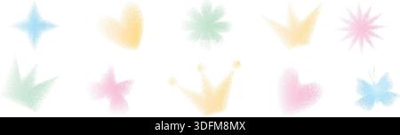 Noise grain gradient shapes. Pastel tone gradation illustration butterfly, heart, crown and flowers. Vector simple forms. Twinkle star and blink pink, Stock Vector