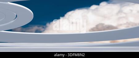 Curved white architectural elements with a dramatic cloudy sky in the background. 3d rendering Stock Photo