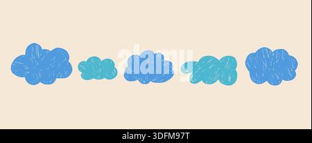Hand-drawn crayon clouds. Set of doodle sky elements. Freeform kid scribble cloud figures. Promo callouts irregular blob. Pastel chalk text boxes. Vec Stock Vector