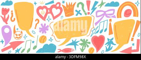 Crayon funky doodles collage cutouts elements set. Speech bubbles with music note, crown, hearts. Callouts text boxes with inverted spanish punctuatio Stock Vector