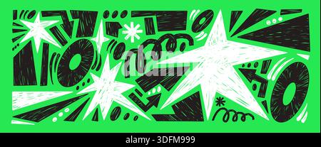 Hand drawn chalk funky abstract geometric shapes with texture. Geometry figures, stars, squiggles, arrow. Playful doodle stickers, pastel Y2K vector g Stock Vector