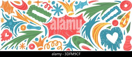 Bang text box and crayon abstract geometric shapes background set. Geometry and organic freeform abstract naive hand drawn scribbles figures. Vector h Stock Vector