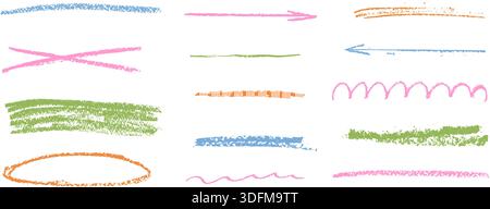 Doodle multi colors pencil underlines. Crayon pink and green line brush stroke set. Graphite pencil texture strikethrough, arrow, ellipse. Chalk highl Stock Vector