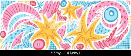 Stars and arrows cutout abstract geometric shapes background. Geometry and freeform collage naive doodle figures. Scrapbook twinkle stickers with irre Stock Vector