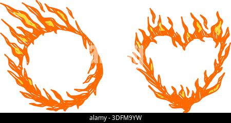 Pastel brush fireball and burning heart elements. Vector crayon texture flames frames set. Doodle text boxes icons. Stickers for collage projects. Sim Stock Vector