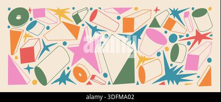 Geometric figures funky kids pattern. Playful doodle elements featuring 3d triangles, stars, cylindric. Multi colours scribble line childish illustrat Stock Vector