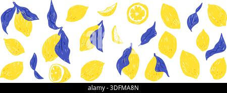 Crayon lemon with Italian Mediterranean charm. Pastel naive doodle fruit doodles featuring slices, branches in blue yellow tones. Vector lemons scribb Stock Vector