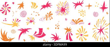 Colorful firework doodles, hand-drawn stars and confetti bursts set. Playful vector crayon illustration featuring radial sparkles, perfect for childre Stock Vector