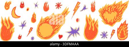 Flame, burning heart, stars doodles in crayon chalk stickers. Hand-drawn fire collage with grunge textures. Retro promo graphics frames. Vector bonfir Stock Vector