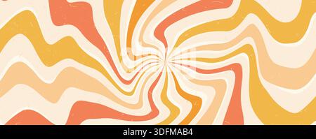 Groovy twisted starburst background. Retro spiral sun rays abstract circus warm illustration. Vector dynamic lines decoration. Radial carnival stripes Stock Vector
