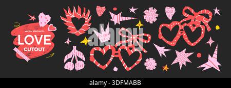 Love, wedding paper cutouts symbols. Heart in a fire, crayon frames stickers. Scrapbook romantic punk doodle torn elements for Valentine scrawl design Stock Vector