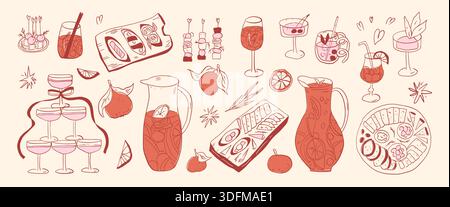 Whimsical cocktail party. Sangria pitcher, tapas doodles coquette set. Spanish mediterranean snacks and drinks. Bachelorette parties coquette hand dra Stock Vector