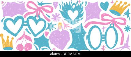 Romantic pastel brush naive scribbles. Crayon couple heart-shape lockets with bang text boxes callout. Hand drawn oil pastel cherry, crown, star stick Stock Vector