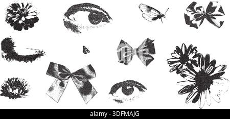 Bow, eyes, flowers photocopy vintage collage. Ribbon, daisy, butterfly halftone effect set. Dotted stippling black grunge elements. Vector y2k gritty Stock Vector