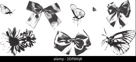 Halftone photocopy vintage bow, butterfly, flower. Ribbon and daysi summer threshold collage effect. Dotted stippling black grunge elements. Vector y2 Stock Vector