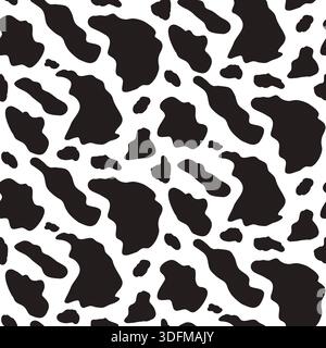 Seamless cow pattern with black and white spots on dairy background. Holstein animal skin texture with irregular patches and stains for farm-themed de Stock Vector