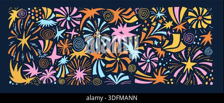 Playful simple celebration stars elements with colorful sparkles, confetti bursts. Silhouette festive patterns create a whimsical party atmosphere in Stock Vector