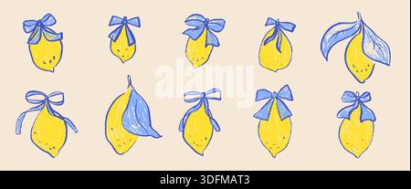 Hand-drawn lemons set illustration set with crayon texture and bows. Vibrant citrus fruit doodles featuring leaves and coquette blue ribbon. Vector le Stock Vector