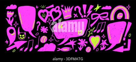 Speech bubble neon markers doodles. Hand drawn girly text boxes with decorative scribbles. Funky crayon pencil devil, callout shapes. Vector textured Stock Vector