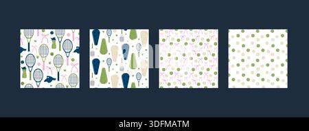 Tennis-themed seamless patterns featuring rackets, balls and bows elements. Retro sport coquette prints with continuous repeating design for backgroun Stock Vector