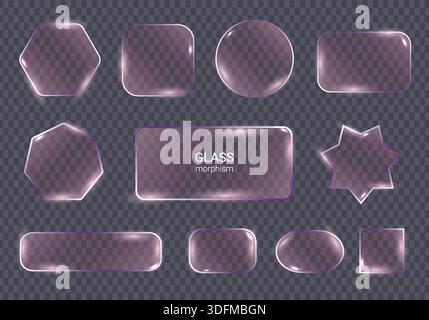 Set of violet glassmorphism interface elements with transparent glossy effect isolated on dark background for modern ui design. Stock Vector