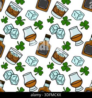 Saint Patrick's Day seamless vector pattern with whiskey, ice cubes, and shamrocks Stock Vector