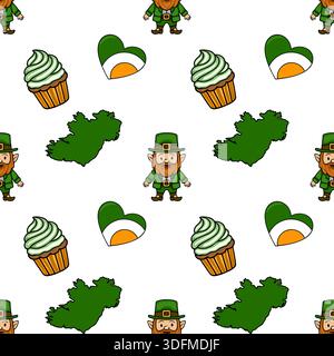 Saint Patrick's Day seamless vector pattern with leprechauns, Irish flag hearts, and festive cupcakes Stock Vector