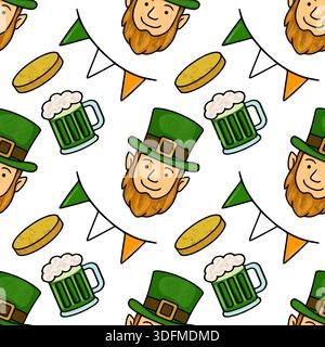 Festive St. Patrick's Day vector pattern with leprechauns, beer mugs, gold coins, and bunting flags Stock Vector