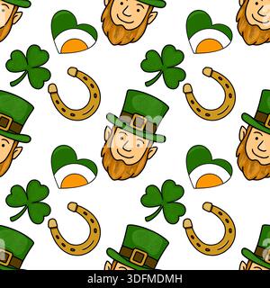 St. Patrick's Day vector pattern with leprechauns, shamrocks, Irish flags and horseshoes Stock Vector