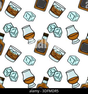Seamless vector pattern of whiskey bottles, glasses with ice, and ice cubes, perfect for beverage branding and bar decor. Stock Vector
