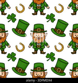 St. Patrick's Day vector seamless pattern with leprechauns, shamrocks, and horseshoes Stock Vector