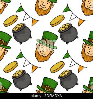 St. Patrick's Day seamless vector pattern with leprechauns, pots of gold, and festive bunting Stock Vector