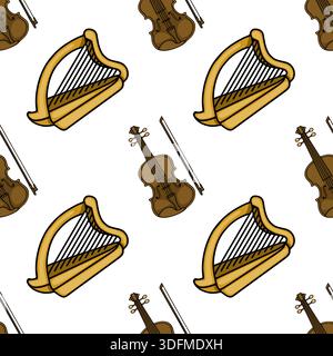 Seamless vector pattern of traditional Irish harp and violin illustrations on white background Stock Vector