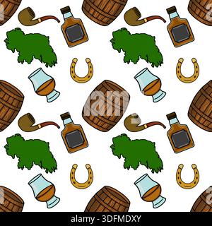 Seamless vector pattern of Irish whiskey elements: barrels, pipes, glasses, horseshoe, and map of Ireland Stock Vector
