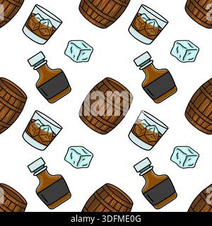 Seamless vector pattern of whiskey barrels, glasses with ice, and small bottles on white background Stock Vector