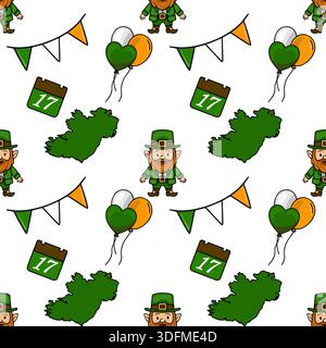 St Patrick's Day vector seamless pattern with leprechauns, shamrocks, and Irish flags Stock Vector
