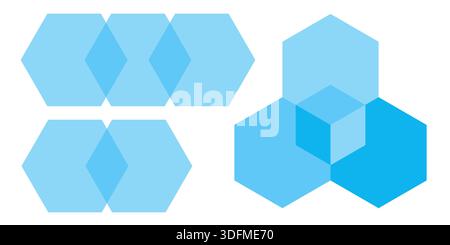 Hexagon venn diagram cluster in various overlapping arrangements vector infographic for data intersection chart model geometric blue design business Stock Vector