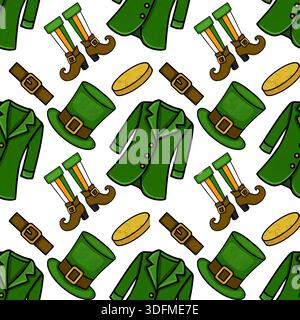 St. Patrick's Day vector seamless pattern with leprechaun hats, jackets, boots, and gold coins Stock Vector