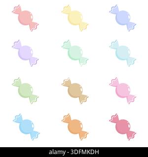 A charming set of 12 colorful pastel candy illustrations in a flat vector style. Featuring soft tones like pink, blue, mint, and yellow with cute wavy Stock Vector
