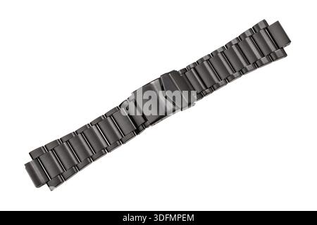 Durable black stainless steel watch bracelet with a deployment clasp, isolated on white. Stock Photo